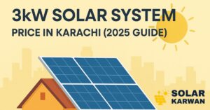 Flat feature illustration for blog titled 3kW Solar System Price in Karachi (2025 Guide), showing a Karachi home with rooftop solar panels under the sun. At the bottom of the image is Solar Karwan's Icon.