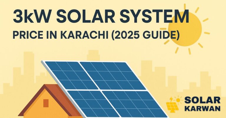 Flat feature illustration for blog titled 3kW Solar System Price in Karachi (2025 Guide), showing a Karachi home with rooftop solar panels under the sun. At the bottom of the image is Solar Karwan's Icon.