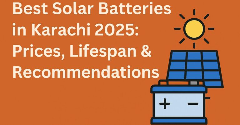Feature image showing different types of solar batteries (lithium-ion, lead acid, gel, and tubular) arranged in a modern infographic style with a Karachi skyline backdrop. Designed in flat colors and horizontal layout.