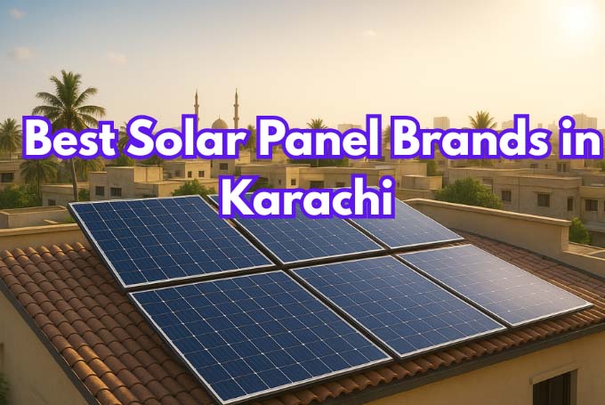 Solar panels installed on a tiled Karachi rooftop with a city neighborhood, palm trees, and a mosque in the background under warm sunlight. And text that reads ''Best Solar Panel Brands in Karachi 2025''