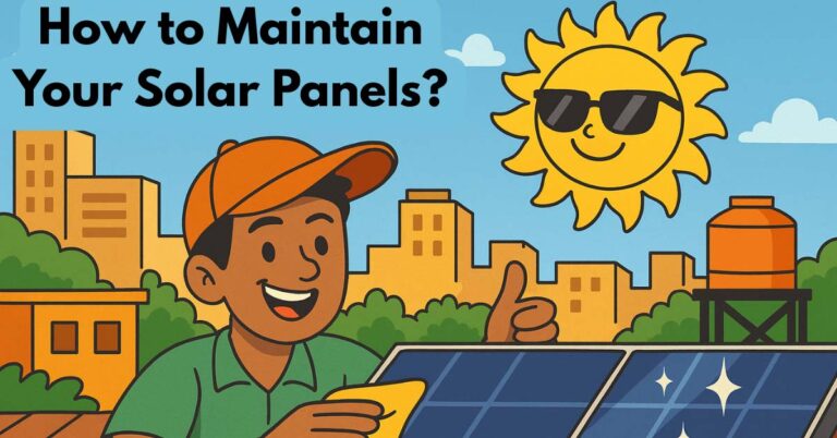 Feature Image Idea (Size: 680 x 455) Scene: A vibrant, cartoon-style Karachi rooftop with clean, shiny solar panels catching bright sunlight. A friendly sun character smiles down with sunglasses 😎 A character in casual clothes gives a thumbs-up while wiping the panel The panel sparkles with tiny stars ✨ Background: Karachi buildings, a water tank, and pigeons flying in the sky Style: Fun, approachable, and maintenance-focused—like a mini comic book panel! And a text that reads ''How to Maintain Your Solar Panels?''