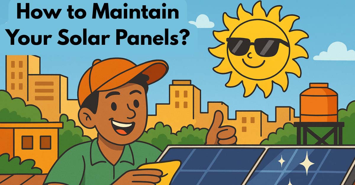 Feature Image Idea (Size: 680 x 455) Scene: A vibrant, cartoon-style Karachi rooftop with clean, shiny solar panels catching bright sunlight. A friendly sun character smiles down with sunglasses 😎 A character in casual clothes gives a thumbs-up while wiping the panel The panel sparkles with tiny stars ✨ Background: Karachi buildings, a water tank, and pigeons flying in the sky Style: Fun, approachable, and maintenance-focused—like a mini comic book panel! And a text that reads ''How to Maintain Your Solar Panels?''