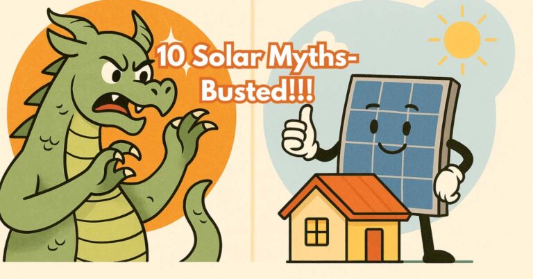A colorful, cartoon-style illustration divided into two sections. On the left, an angry green dragon with claws out represents outdated solar myths. On the right, a smiling solar panel gives a thumbs-up beside a small house under a sunny sky, symbolizing the benefits of solar power. This image was later edited to include the text “10 Solar Myths Busted” for use as a feature banner.