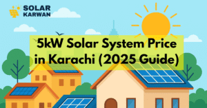 Colorful flat-style illustration of Karachi homes with blue solar panels on rooftops under a bright sun, with clouds, birds, and a city skyline in the background. The title ‘5kW Solar System Price in Karachi 2025’ is written in black on a yellow background, and the Solar Karwan icon is placed in the top left corner.