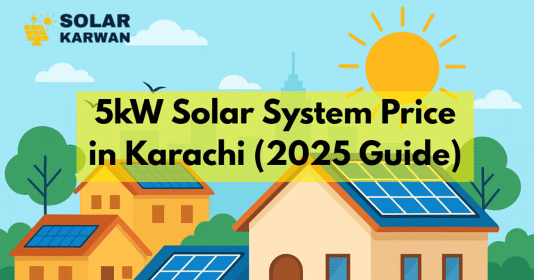 Colorful flat-style illustration of Karachi homes with blue solar panels on rooftops under a bright sun, with clouds, birds, and a city skyline in the background. The title ‘5kW Solar System Price in Karachi 2025’ is written in black on a yellow background, and the Solar Karwan icon is placed in the top left corner.