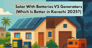 Feature image showing a split house in Karachi: one side powered by solar panels with batteries, the other by a generator releasing smoke, with the title ‘Solar With Batteries vs Generators (Which Is Better in Karachi 2025?)’ and Solar Karwan logo.
