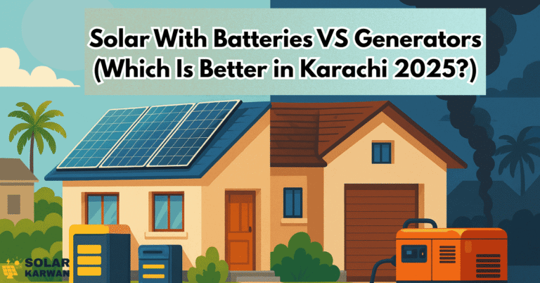 Feature image showing a split house in Karachi: one side powered by solar panels with batteries, the other by a generator releasing smoke, with the title ‘Solar With Batteries vs Generators (Which Is Better in Karachi 2025?)’ and Solar Karwan logo.