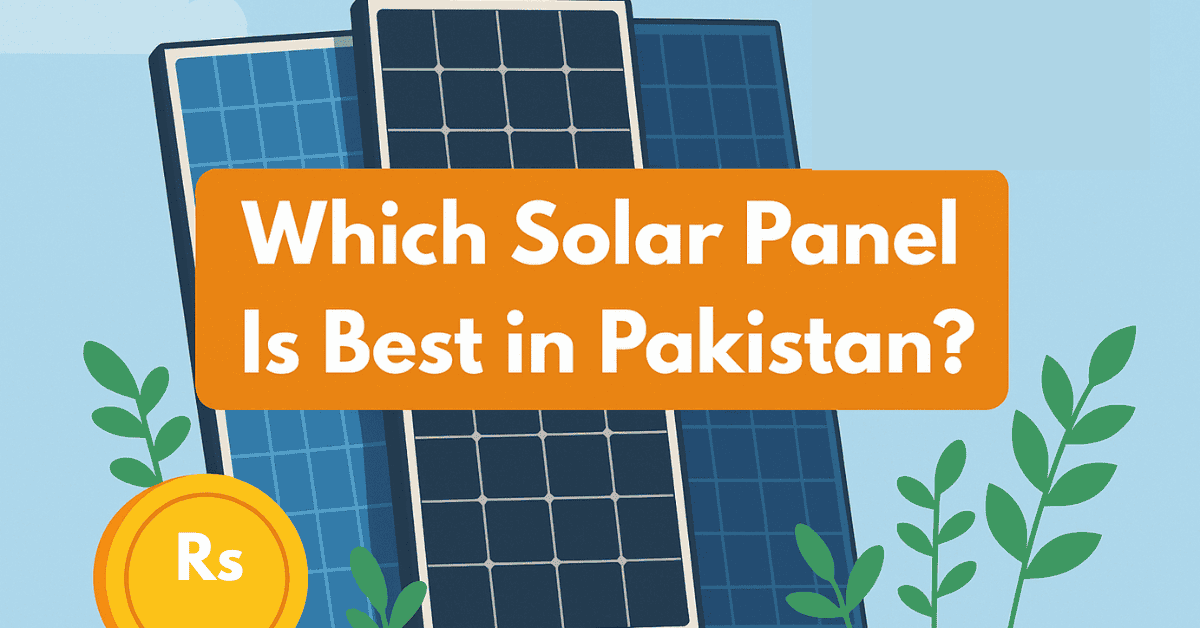 Feature image showing three solar panels under bright sunlight with plants, a golden rupee coin, and bold centered text ‘Which Solar Panel Is Best in Pakistan?’ on an orange banner. At top right is Solar Karwan's icon.