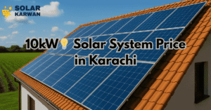 Rooftop of a house with orange tiles fitted with blue solar panels under a bright sky, with the Solar Karwan logo and the heading “10kW Solar System Price in Karachi.