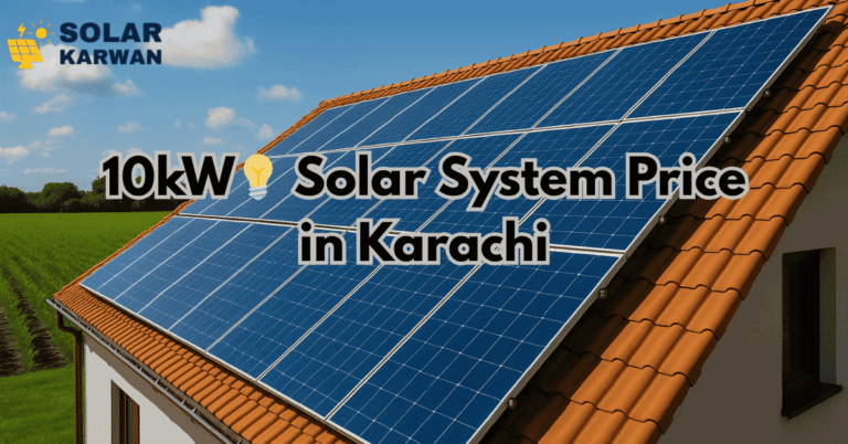 Rooftop of a house with orange tiles fitted with blue solar panels under a bright sky, with the Solar Karwan logo and the heading “10kW Solar System Price in Karachi.