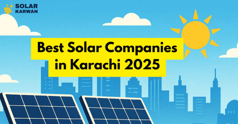 Vibrant illustration of solar panels on a grassy hill with the Karachi skyline in the background under a bright sunny sky, representing clean solar energy. At top left is Solar Karwan's icon.