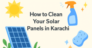 Cute flat-style illustration showing a sun, solar panel, sponge, and spray bottle with centered bold dark text reading “How to Clean Your Solar Panels in Karachi.”