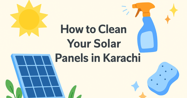 Cute flat-style illustration showing a sun, solar panel, sponge, and spray bottle with centered bold dark text reading “How to Clean Your Solar Panels in Karachi.”