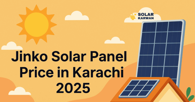 Bright flat-style illustration showing Karachi home with Jinko solar panels and bold centered text “Jinko Solar Panel Price in Karachi 2025” against a warm sunny background. On one of the clouds is Solar Karwan's icon.