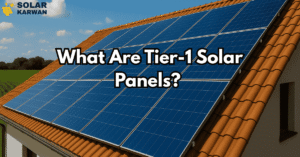 Rooftop with blue solar panels under a bright sky and the Solar Karwan logo in the corner, with the title “What Are Tier-1 Solar Panels?” displayed at the center.