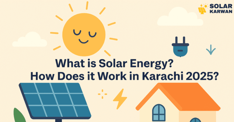 Horizontal flat-style illustration with solar panels, a bright sun, and a Karachi home, featuring centered bold text reading “What is Solar Energy? How Does it Work in Karachi 2025?” At top right is Solar Karwan's icon.